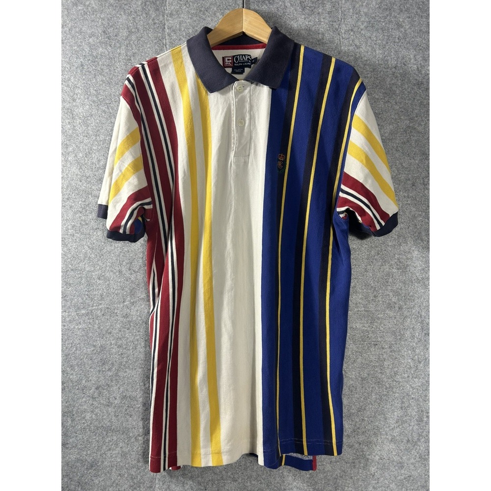 VTG Chaps Ralph Lauren Polo Shirt MED Multicolor Vertical Stripe Crest Logo 90s